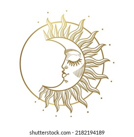 Beautiful golden shining crescent moon with rays and face, Boho illustration, stylized vintage design. Mystical boho element for design, logo, moon tattoo. Vector illustration isolated on white backgr