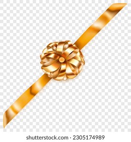 Beautiful golden shiny bow with diagonally ribbon with shadow on transparent background