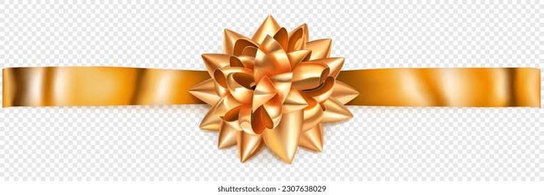 Beautiful golden shiny bow with horizontal ribbon with shadow on transparent background