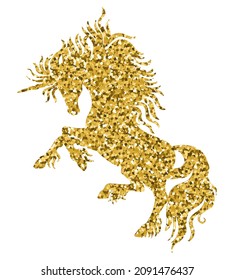 Beautiful golden silhouette of unicorn with long mane. Vector illustration template isolated on white background. For print, stickers, design,cards, dishes and kids apparel, application and tattoo.