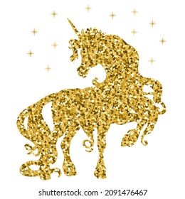 Beautiful golden silhouette of unicorn with stars. Vector illustration template isolated on white background. For print, stickers, design, dishes and kids apparel, cards, application and tattoo.