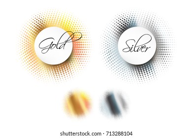 Beautiful golden and silver colored design elements with halftone dots set. Round shape, sticker, badge, frame, banner