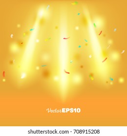 Beautiful golden spotlights with sparkles and festive confetti