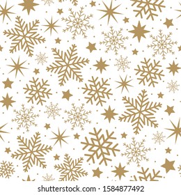 Beautiful golden stars and snowflakes on a white background. Winter christmas seamless pattern. Vector illustration.