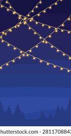 Beautiful golden string lights glowing against a dark blue night sky over the silhouette of a dense pine forest.