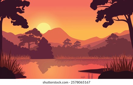 Beautiful Golden Sun at Sunset Sunrise in Mountains Rice Field Nature Landscape