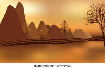 Beautiful golden sunset, autumn mountains and trees,water surface reflections.