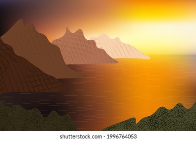 Beautiful golden sunset over ocean view, row of rocks, blinking water surface.