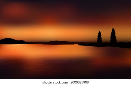 Beautiful golden sunset over the ocean with distant land and silhouette of two fir trees. Reflections on the water surface.