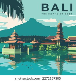 beautiful golden sunset vibes, Pura Ulun Danu Bratan Bedugul Bali Indonesia illustration with vintage style,Best concept for travel poster