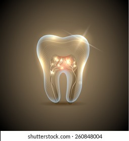 Beautiful golden transparent tooth with roots illustration. Healthy teeth care symbol.
