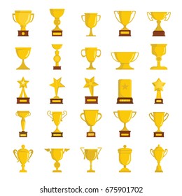 Beautiful golden trophy cups and awards of different shape simple black silhouette set isolated on white background vector illustration