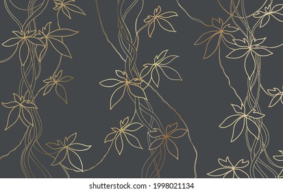 Beautiful golden tropical vintage floral pattern. Gold line luxury wallpaper on dark background with liana Exotic jungle wallpaper line arts