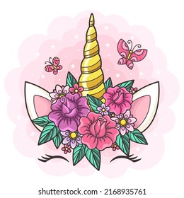 Beautiful, golden unicorn horn with flowers and butterflies. The theme of magic and fantasy. For the design of prints, posters, cards, t-shirts, cups, stickers and so on. Vector illustration.