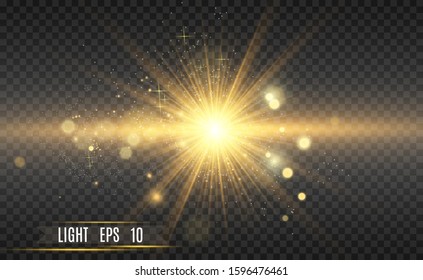 Beautiful golden vector illustration of a star on a translucent background with gold dust and glitters. A magnificent light base for your design.