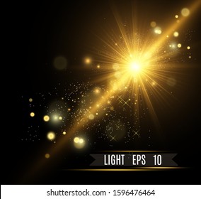 Beautiful golden vector illustration of a star on a translucent background with gold dust and glitters. A magnificent light base for your design.