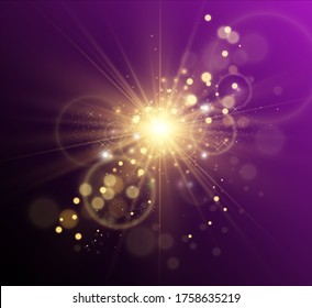 Beautiful golden vector illustration of a star on a translucent background with gold dust and glitters. A magnificent light base for your design.