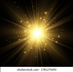 Beautiful golden vector illustration of a star on a translucent background with gold dust and glitters. A magnificent light base for your design.