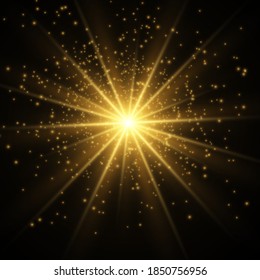 Beautiful golden vector illustration of a star on a translucent background with gold dust and glitters. A magnificent light base for your design.