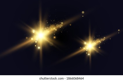 Beautiful golden vector illustration of a star on a translucent background with gold dust and glitters. A magnificent light base for your design.	