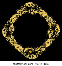 Beautiful golden vector round floral frame or border isolated on black