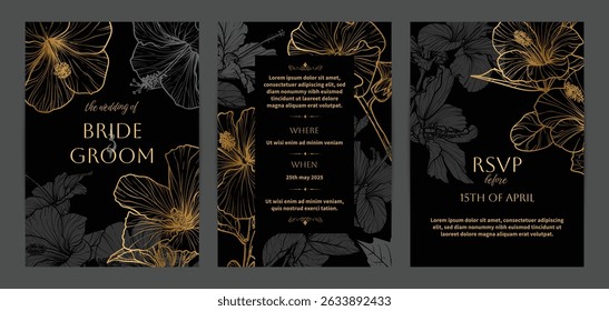 Beautiful golden wedding invitations. Modern and luxurious A4 vector format design with highly detailed flowers for print and web. Hand drawn hibiscus illustrations on black and gold design 