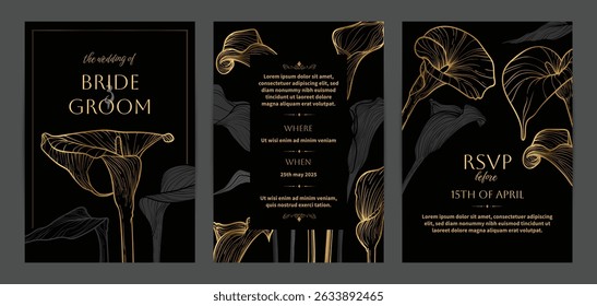 Beautiful golden wedding invitations. Modern and luxurious A4 vector format design with highly detailed flowers for print and web. Hand drawn calla lily illustrations on black and gold design 