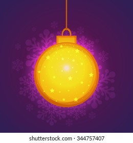 Beautiful golden Xmas Ball hanging on floral design decorated shiny background for Merry Christmas celebration.