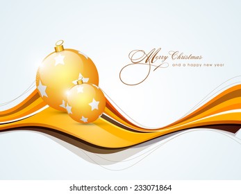 Beautiful golden X-mas ball with stylish text for Merry Christmas and Happy New Year celebrations.
