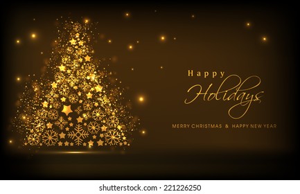 Beautiful golden Xmas tree on shiny brown background for Merry Christmas, New Year and Happy Holidays celebrations. 