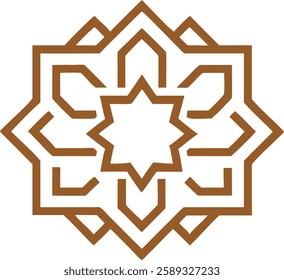 A beautiful golden-hued Islamic pattern forming an eight-pointed floral-inspired star, signifying prosperity and faith.