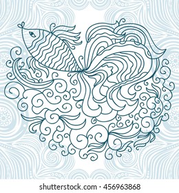 Beautiful goldfish and sea waves. Vector illustration.