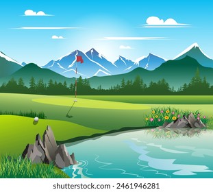 Beautiful golf course view vector illustration.