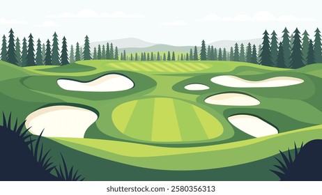 Beautiful Golf Sport Field Nature Landscape with Mountains View and Pine Trees in Bright Sky