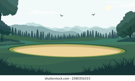 Beautiful Golf Sport Field Nature Landscape with Mountains View and Pine Trees in Bright Sky