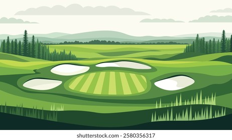 Beautiful Golf Sport Field Nature Landscape with Mountains View and Pine Trees in Bright Sky