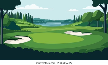 Beautiful Golf Sport Field Nature Landscape with Mountains View and Pine Trees in Bright Sky