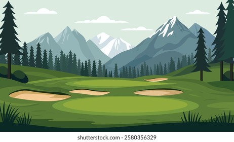 Beautiful Golf Sport Field Nature Landscape with Mountains View and Pine Trees in Bright Sky