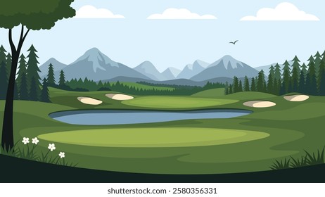 Beautiful Golf Sport Field Nature Landscape with Mountains View and Pine Trees in Bright Sky