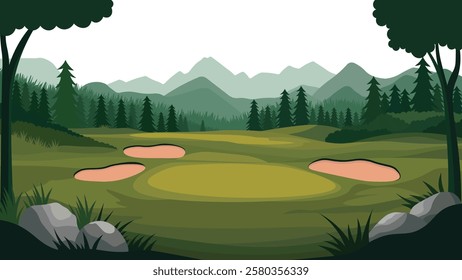 Beautiful Golf Sport Field Nature Landscape with Mountains View and Pine Trees in Bright Sky