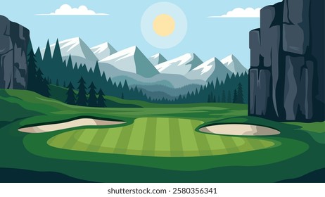 Beautiful Golf Sport Field Nature Landscape with Mountains View and Pine Trees in Bright Sky