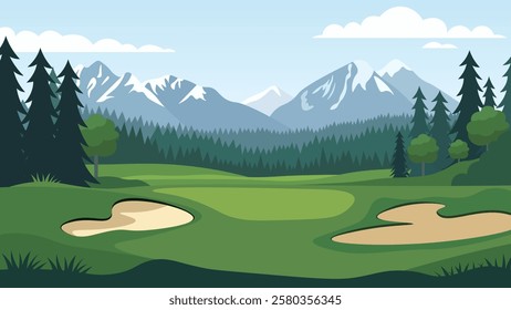 Beautiful Golf Sport Field Nature Landscape with Mountains View and Pine Trees in Bright Sky