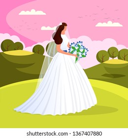 Beautiful Gorgeous Bride with Wedding Flowers Bouquet Stand Outside on Nature Landscape Background. Attractive Newlywed Woman in White Dress. Wedding Day. Marriage. Cartoon Flat Vector Illustration.