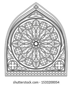 Beautiful Gothic stained glass window with rose. Medieval architecture in western Europe. Black and white fantasy drawing for coloring book. Worksheet for children and adults. Vector image.