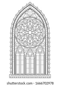 Beautiful Gothic stained glass window with rose. Medieval architecture in western Europe. Black and white fantasy drawing for coloring book. Worksheet for children and adults. Vector image.