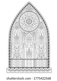 Beautiful Gothic stained glass window with rose. Medieval architecture in western Europe. Black and white fantasy drawing for coloring book. Worksheet for children and adults. Vector illustration.