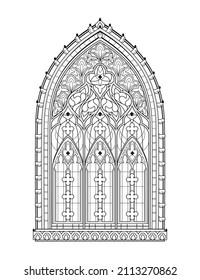 Beautiful Gothic stained glass window from French church. Medieval architecture in western Europe. Black and white drawing for coloring book. Worksheet for children and adults. Vector illustration.