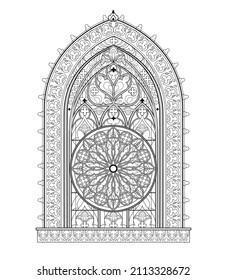 Beautiful Gothic stained glass window from French church with rose. Black and white drawing for coloring book. Medieval architecture in western Europe. Worksheet for children and adults. Vector image