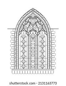 Beautiful Gothic stained glass window from French church. Black and white drawing for coloring book. Medieval architecture in western Europe. Worksheet for children and adults. Vector illustration.