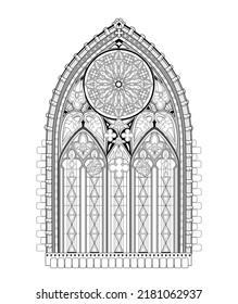 Beautiful Gothic stained glass window from French church with rose. Black and white drawing for coloring book. Medieval architecture in western Europe. Worksheet for children and adults. Vector image